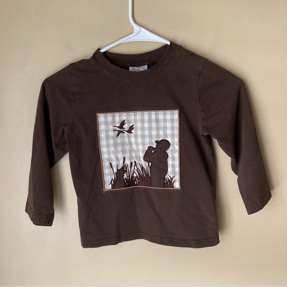 Southern Sass Smocks Boy’s Brown Shirt w/Duck Hunting Appliqué